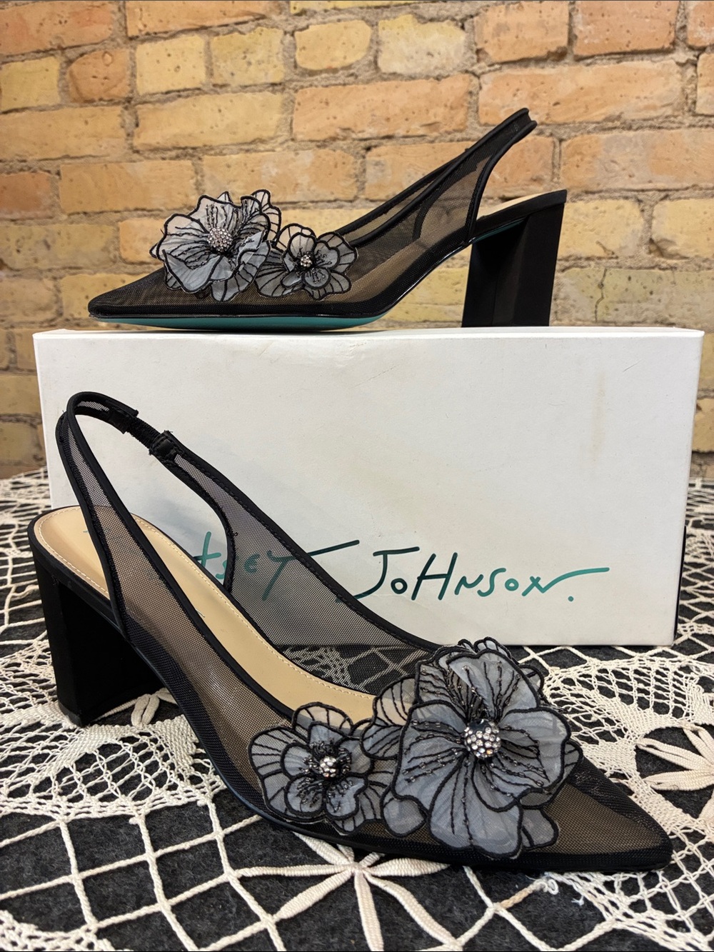 Betsey Johnson Petra Black Mesh Slingback Heels with Floral Appliqué, 10